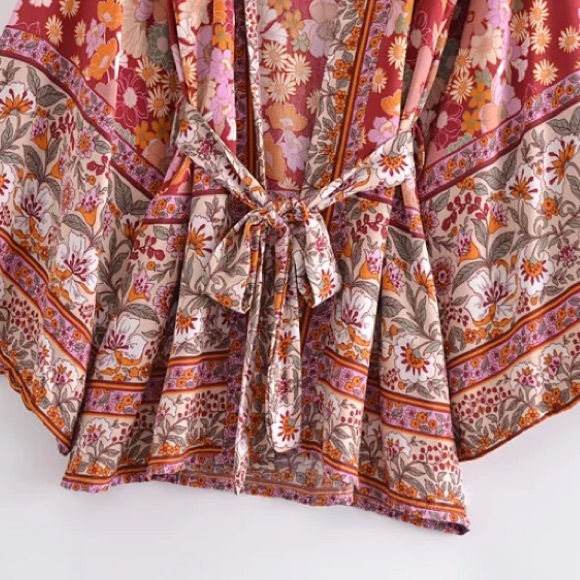 Wine Floral Bohemian Short Floral Kimono Wrap Top - Picture 5 of 12